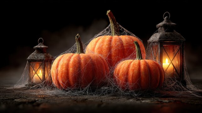 modern premium halloween pumpkin trio with spiderwebs and lantern glow authentic spooky seasonal content for millennial lifestyle marketing and social media
