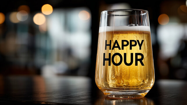 Close up, Illuminated beer glass with "HAPPY HOUR" text on black wall