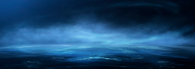 Fototapeta premium Dark night scene over water, fog over dark ocean water, dark surface, neon light, reflections on the water. Fantasy night water scene.