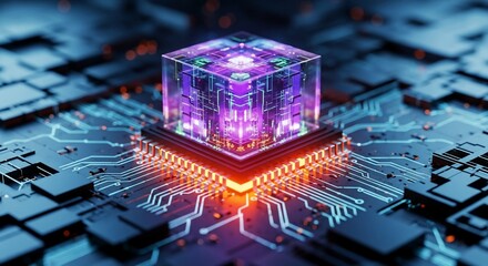 Stunning digital cube processor glowing with vibrant purple energy on a futuristic circuit board