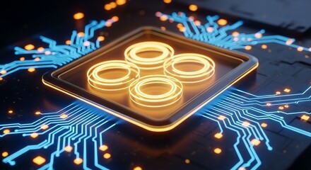 Futuristic glowing circuit board with central processor and vibrant data flow, representing innovation and technology.