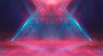 Fototapeta premium Empty stage with bright red neon lights and smoke. Red spotlights, beams, and glare in a dark, dramatic studio.