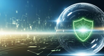 Global digital shield secures data with futuristic circuit board design and earth overlay