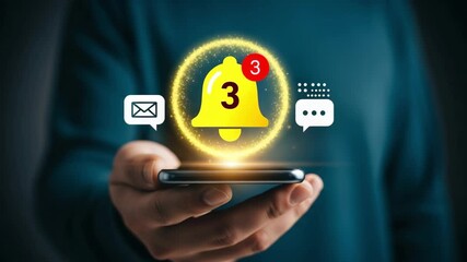 Hand holding smartphone with notification icons and a bell motion animated video