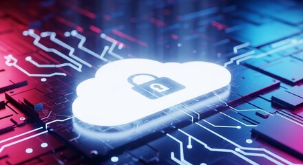 Secure cloud computing data protection with digital padlock on glowing circuit board