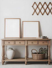 Rustic wooden console table with framed art and decorative basket