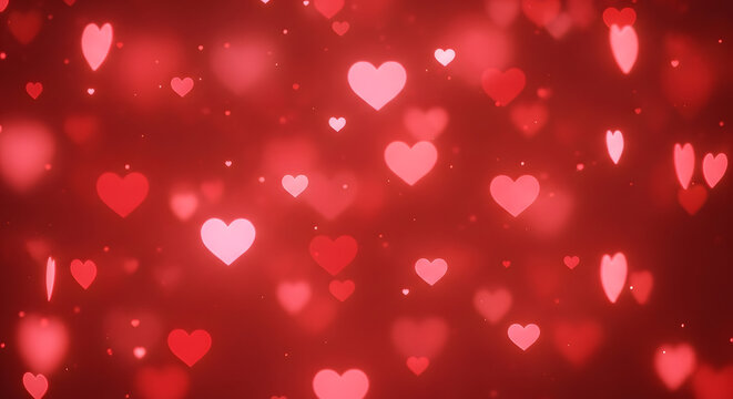 Abstract background of glowing red hearts and bokeh lights for romantic celebrations