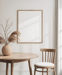 Minimalist dining nook with framed art and dried botanicals