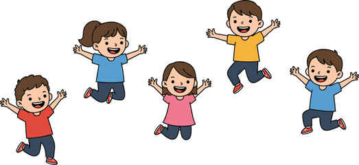 Cartoon children, jumping kids, smiling faces, colorful shirts, playful mood, happy students, childhood joy, vector, flat illustration, cad drawing