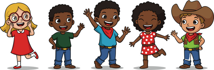 Cartoon children standing in row, diverse outfits, joyful expressions, flat vector style, colorful clothing, playful pose, educational, cultural, friendly, happy kids