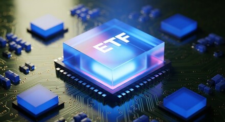 Glowing digital ETF chip powering futuristic financial technology and investment growth on circuit board