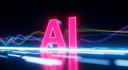 Vibrant AI technology concept with glowing neon lines and futuristic data streams