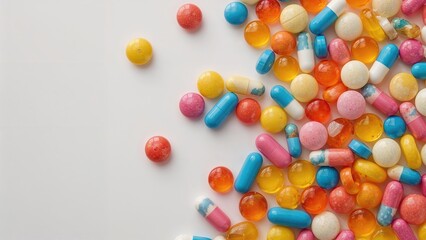 Obraz premium Colorful pills and capsules scattered on a white surface.