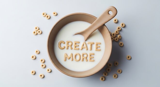 Alphabet cereal forming 'create more' message in milk with spoon