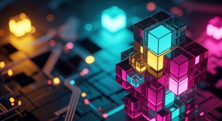 Stunning abstract glowing cubes form dynamic data structure in futuristic neon digital landscape
