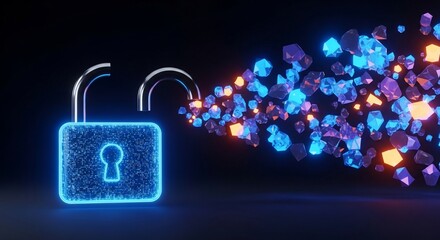 Unlock digital freedom with glowing data streams flowing from a futuristic padlock, representing secure access and innovation.