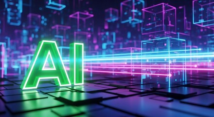 Vibrant AI technology concept with glowing neon letters and futuristic digital cityscape background