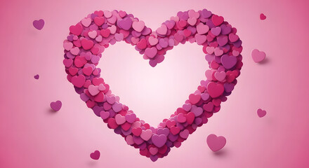 Large heart shape formed by many small pink and purple hearts against a soft pink background