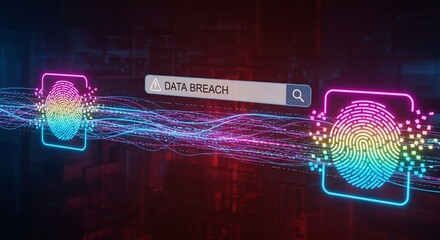 Cybersecurity alert data breach detected with glowing fingerprint and digital network streams
