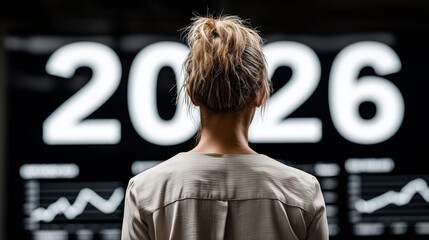 Faceless businesswoman standing before large digital data wall with futuristic graphs and "2026" glowing numbers, symbol of innovation and success, cinematic lighting, copy space