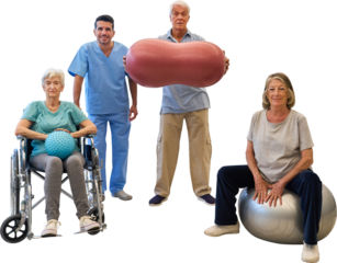 Group in a senior rehab group exercising with assistance from a therapist