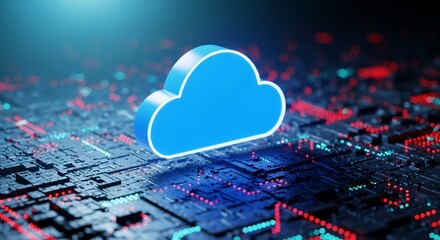 Dynamic blue cloud icon hovers over glowing digital circuit board representing data flow