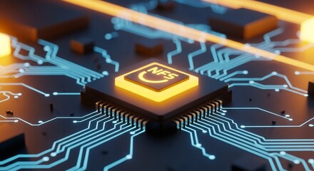 Dynamic futuristic circuit board with glowing NFS chip and vibrant blue data pathways
