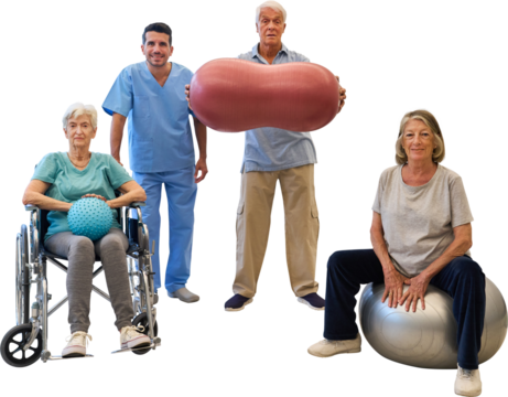 Group in a senior rehab group exercising with assistance from a therapist