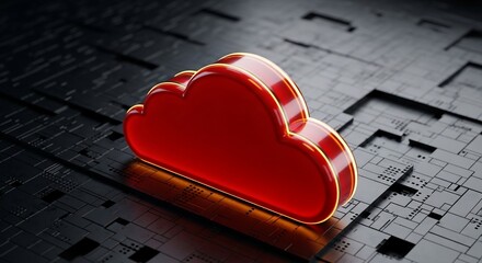 Vibrant red cloud icon glowing with golden light on a futuristic dark digital surface