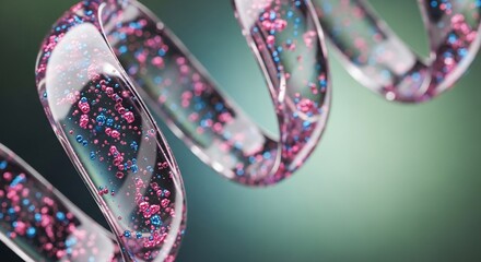 Stunning abstract spiral with vibrant pink and blue particles suspended in clear liquid, perfect for science or tech concepts.