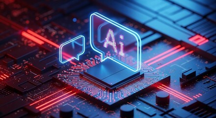 Futuristic AI chip with glowing neon text in a dark, high-tech circuit board environment
