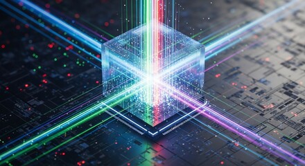 Dynamic digital cube processes vibrant data streams on futuristic circuit board