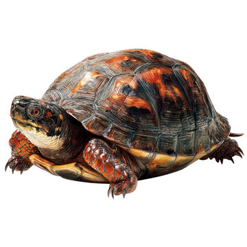 Tortoise reptile animal with orange and brown patterned shell isolated on white background