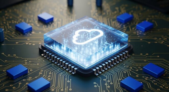 Futuristic cloud computing icon glowing on a high tech microchip circuit board