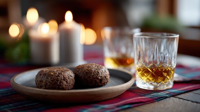 scottish burns night celebration, a classic burns night spread in a charming scottish pub haggis with neeps and tatties on rustic plates, whisky glasses catching warm light, amid a cozy atmosphere of