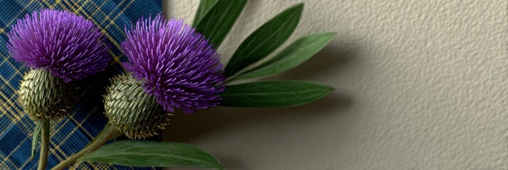 scottish-themed postcard, new postcard features scottish symbols thistle tartan pattern and clean layout with a space for text in the middle