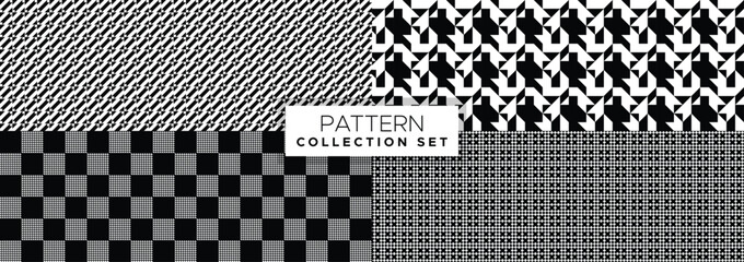 Set of geometric pattern black and white seamless line, abstract shape, checkered and dot