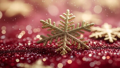 Fototapeta premium Fondo dorado brillante con copos de nieve, destellos relucientes y suaves luces bokeh, destaca por sus brillantes acentos dorados sobre un fondo abstracto rojo intenso. Composición Navideña