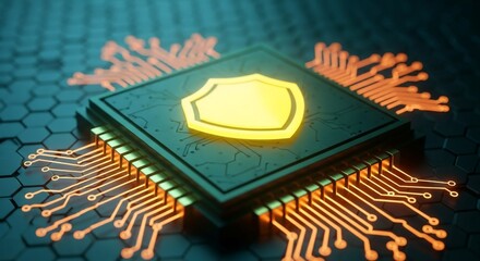 Secure digital shield glowing on advanced microchip circuit board with glowing orange data lines