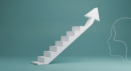 Ascending stairs with arrow symbolize growth and progress towards success and bright future