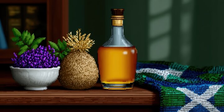 pixel art still life, burns night still life in pixel art style featuring a tiny pixelated haggis, whisky bottle, and scottish flag with -bit aesthetic