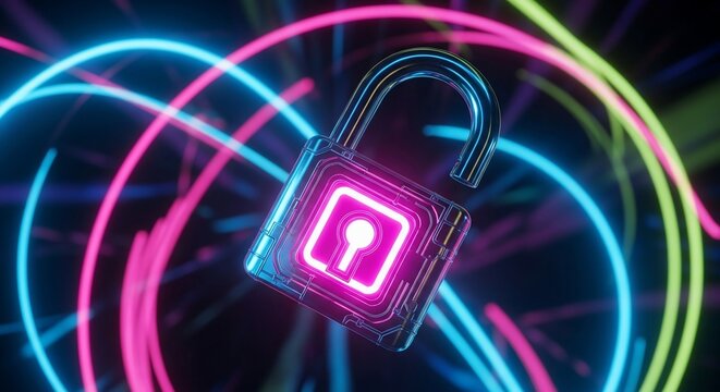 Futuristic open padlock with glowing keyhole symbol against vibrant neon light trails