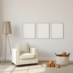 Cozy living room corner with armchair and blank frames