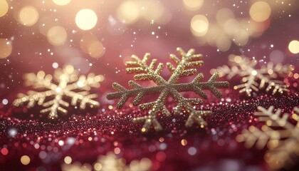 Fototapeta premium Fondo dorado brillante con copos de nieve, destellos relucientes y suaves luces bokeh, destaca por sus brillantes acentos dorados sobre un fondo abstracto rojo intenso. Composición Navideña