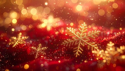 Fototapeta premium Fondo dorado brillante con copos de nieve, destellos relucientes y suaves luces bokeh, destaca por sus brillantes acentos dorados sobre un fondo abstracto rojo intenso. Composición Navideña