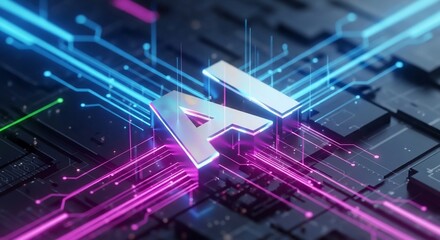 Futuristic AI digital circuits glow with vibrant neon lines, symbolizing innovation and advanced technology