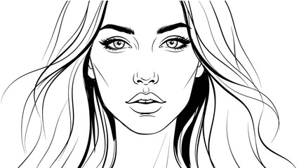 Line Art Portrait Detailed Illustration of a Beautiful Woman with Flowing Hair