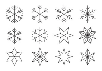 Snowflake and Christmas Star Outline Icon Set | Geometric Winter and Holiday Symbols Line Art