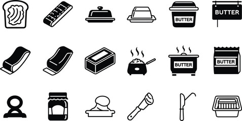 Butter Icons Vector Set Featuring Spreads, Dishes, Cooking Pots, Knives, Curls, Packaging, Food Prep, Dairy, Kitchen Tools