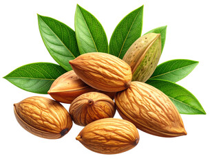 - Fresh Almonds with Green Leaves Cluster, isolated on transparent background”